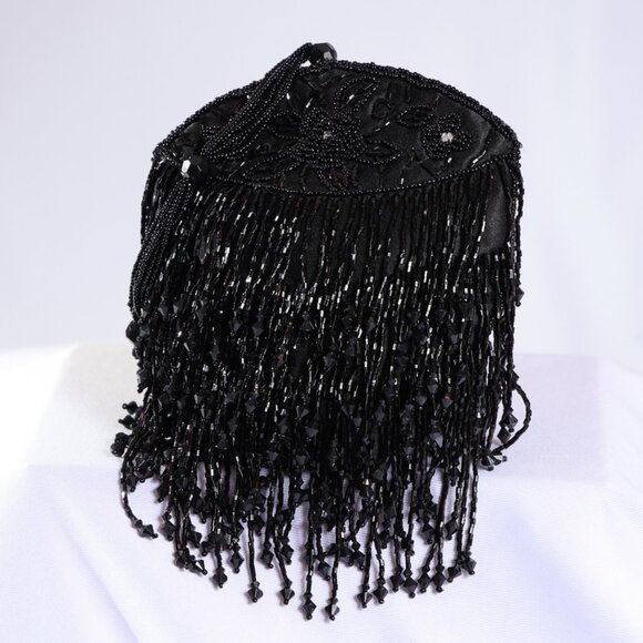 Vintage-Style Beaded Fringe Evening Bag Wristlet – Black - Picture 1 of 1